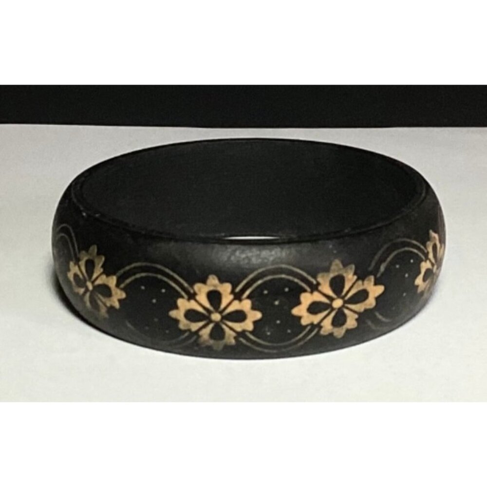 Hard Rubber Bangle Bracelet in Matte Black with Metallic Gold Floral Designs - Picture 3 of 7
